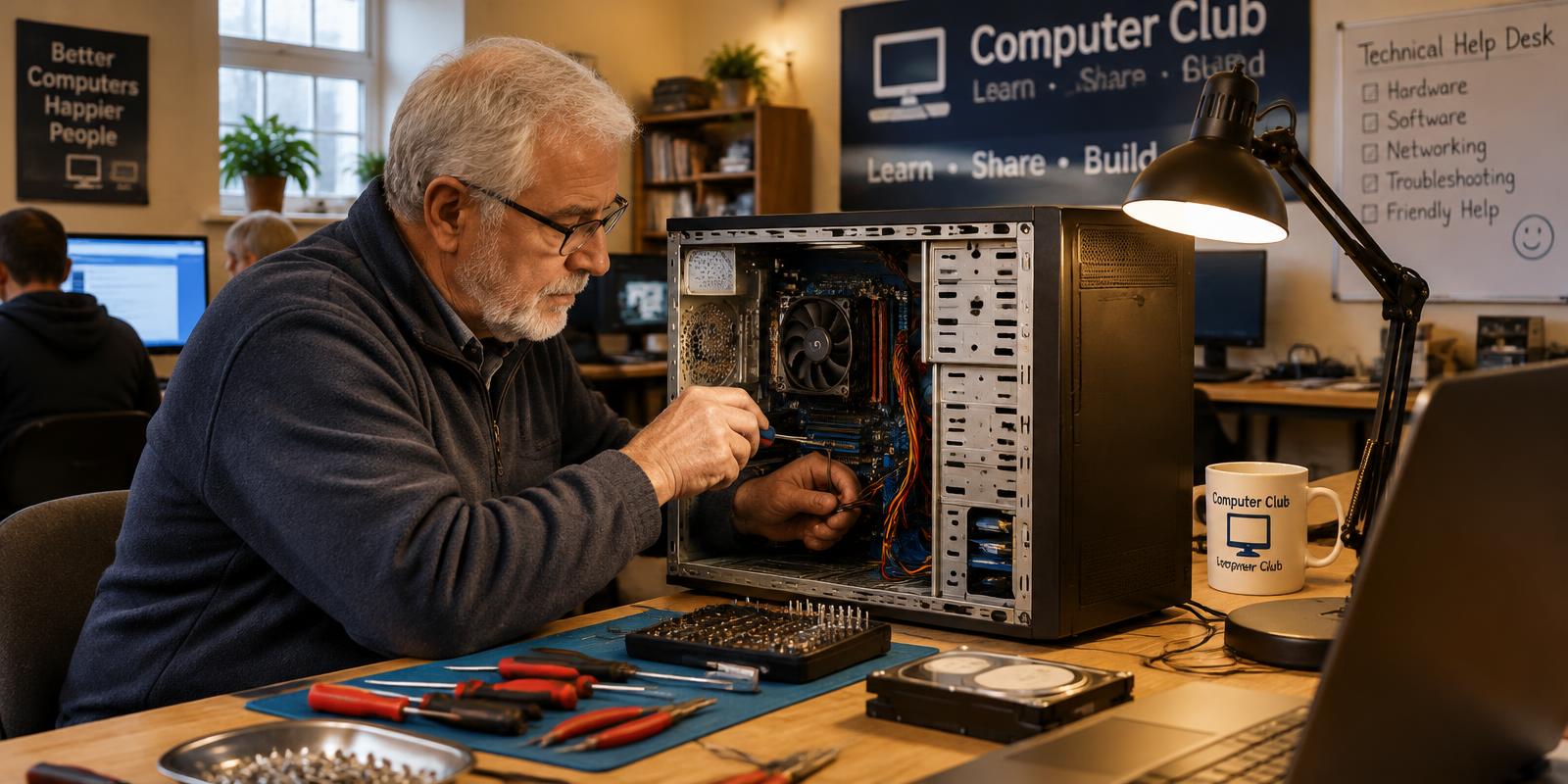 Een vrijwilliger repareert een computer aan de werkbank.